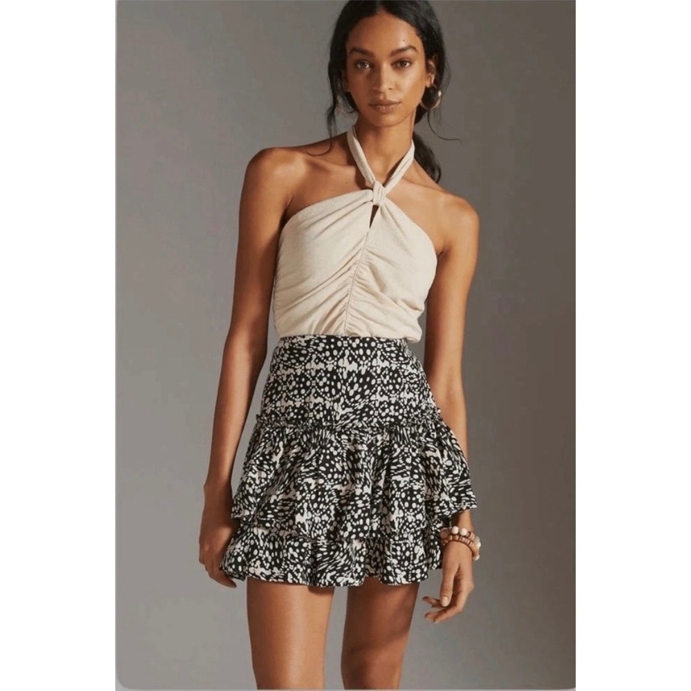 Maeve‎ Anthropologie Black White Abstract Dot Ruffle Tiered Mini Skirt Size 6